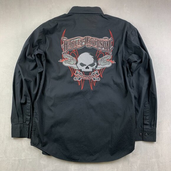 Harley Davidson Mens Shirt Medium Black Button Up Long Sleeve Skull Embroidered - Picture 1 of 6